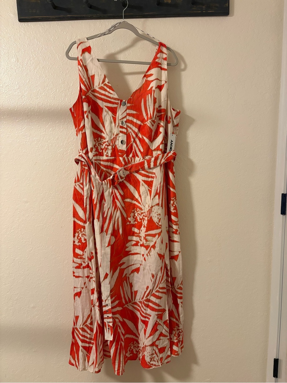 DKNY Red and White Tropical Maxi Dress